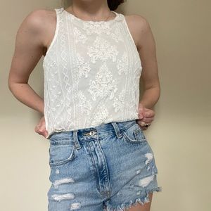 Vintage embroidered white high neck tank shirt xs
